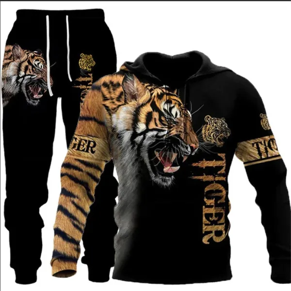 Design Tiger Print Hoodie and Sweatpants Set Black Multicolor Sets - 1