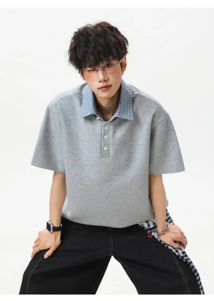Design Layered Collar Polo Navy Blue Tops Polo - 11