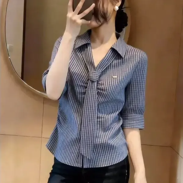 Design Grid Tie-Front Shirt Black and White Tops Shirt - 4