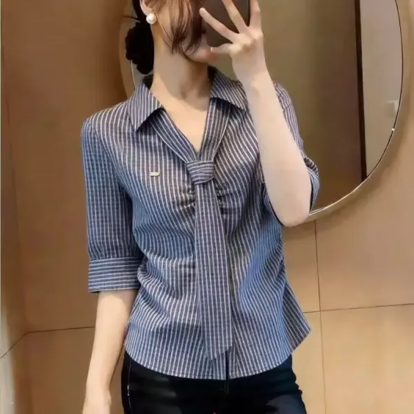 Design Grid Tie-Front Shirt Black and White Tops Shirt - 2