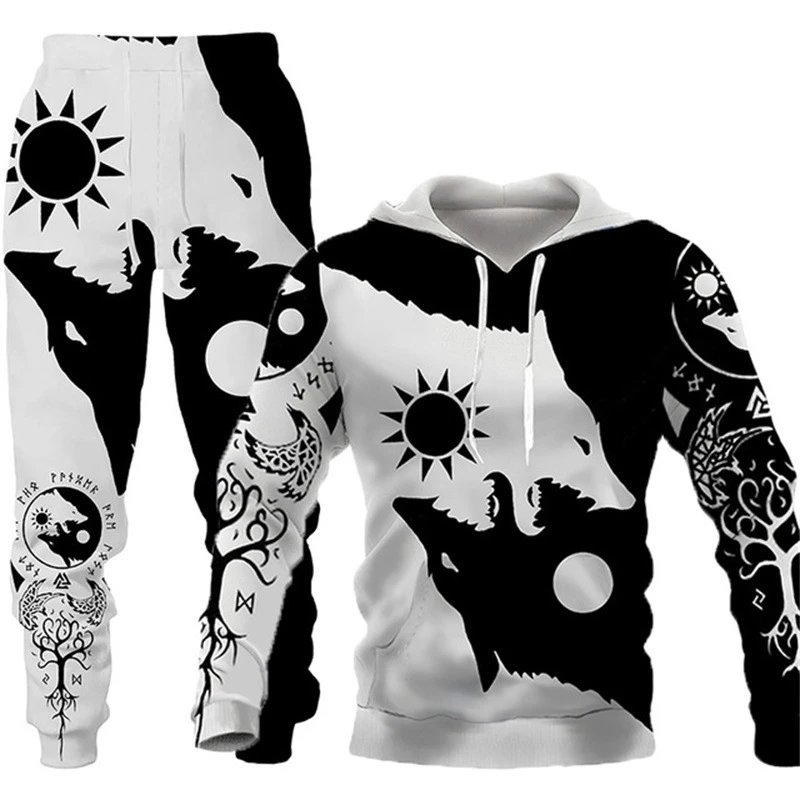 Design Wolf Sun Moon Print Hoodie and Sweatpants Set Black White