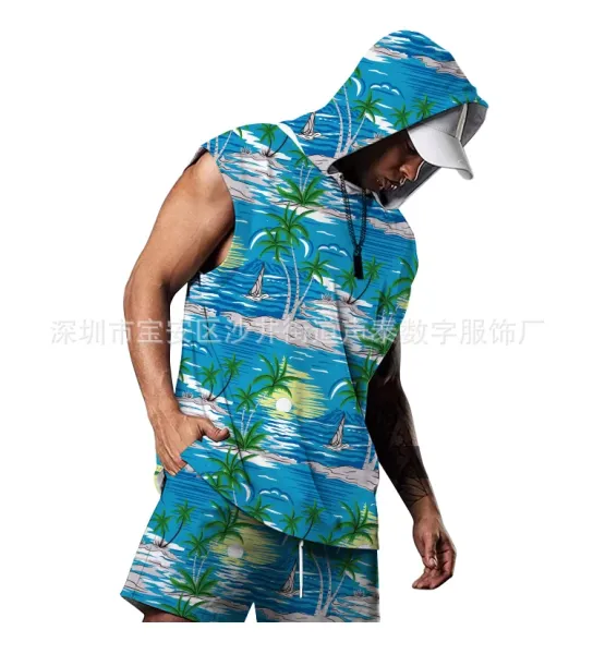 Design Tropical Print Hooded Sleeveless Set Blue Multicolor - 1