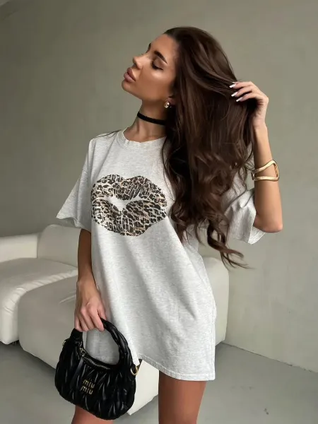 Design Leopard Print Lips Graphic Oversized T-Shirt Gray T-Shirts - 8