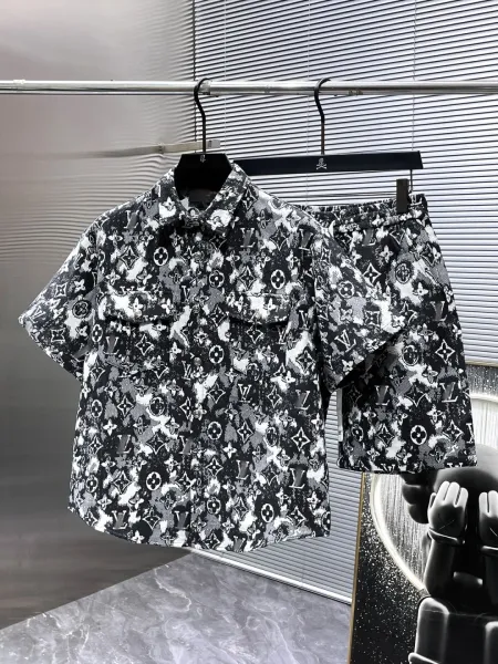 Louis Vuitton Monogram Print Short-Sleeve Shirt and Shorts Set Black and White - 1