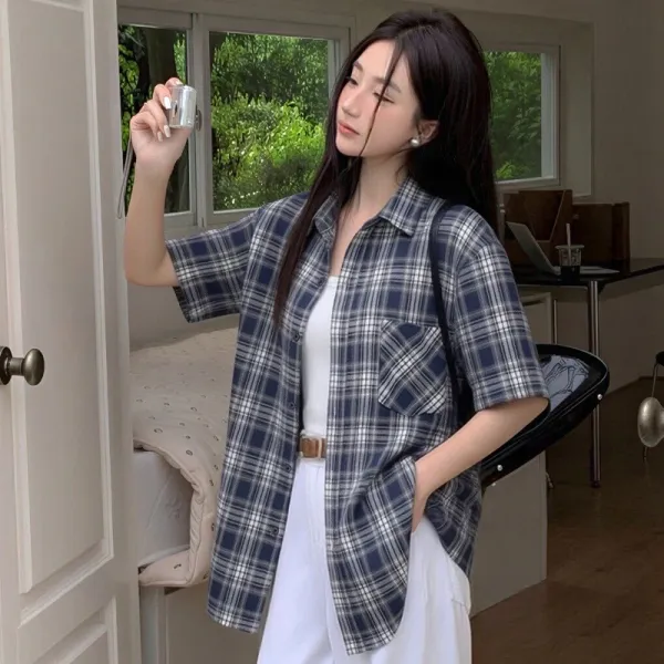 Design Plaid Short-Sleeve Shirt Blue Beige Tops.shirt - 9