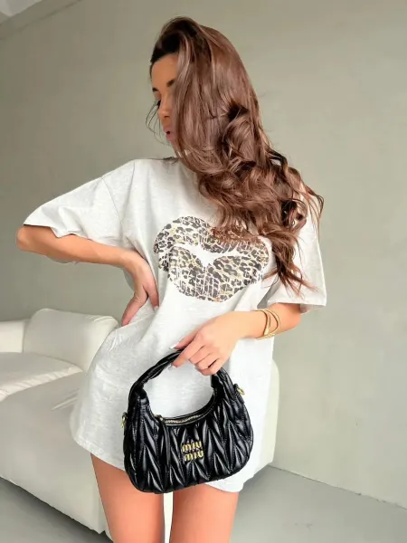 Design Leopard Print Lips Graphic Oversized T-Shirt Gray T-Shirts - 15