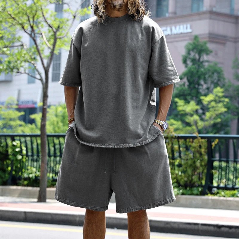 Design Oversized Two-Piece Set Light Blue Streetwear T-Shirt and Shorts - 40