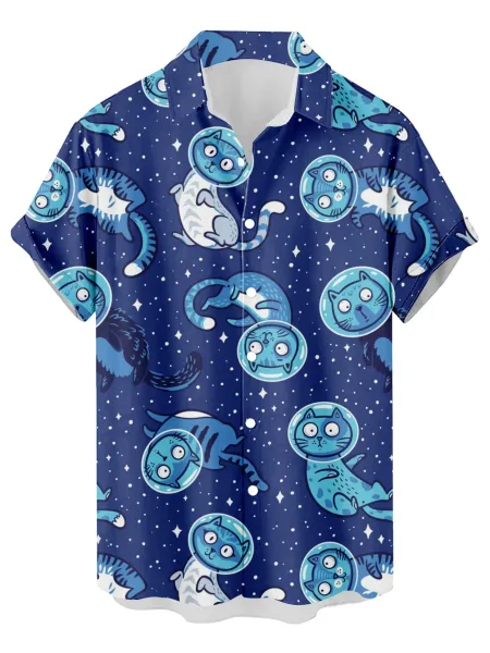 Design Cat Face Print Black Hawaiian Shirt - 11