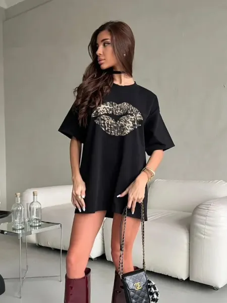 Design Leopard Print Lips Graphic Oversized T-Shirt Gray T-Shirts - 20