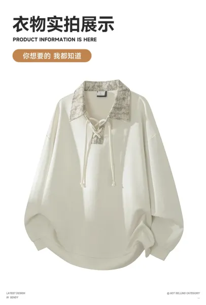 Design Long Lace-Up Collar Shirt Black Shirt - 9
