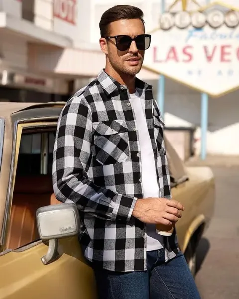 Design Classic Black and White Checkered Flannel Shirt Tops Shirt - 15