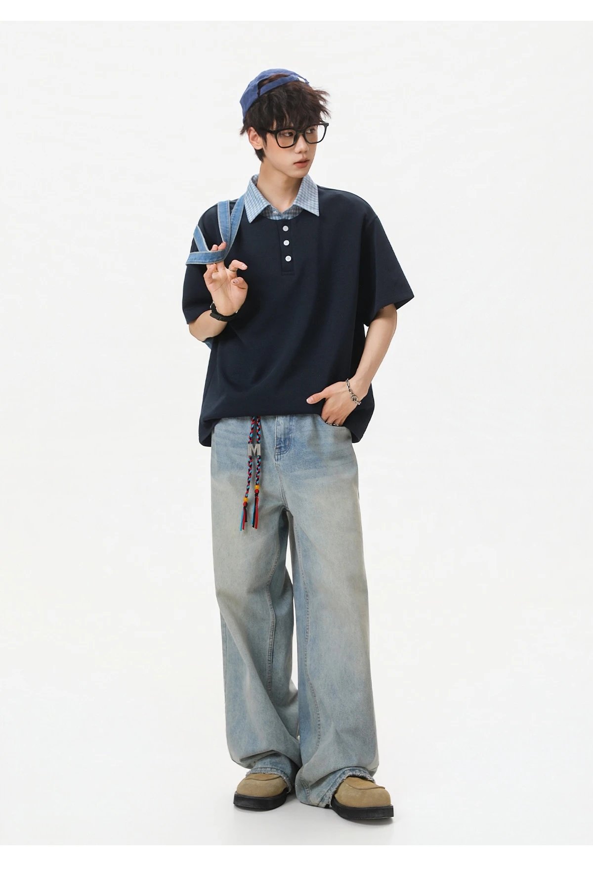 Design Layered Collar Polo Navy Blue Tops Polo - 19