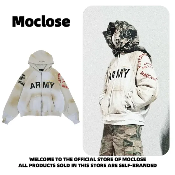 Design Moclose Army Distressed Zip-Up Hoodie Beige Hoodie - 6
