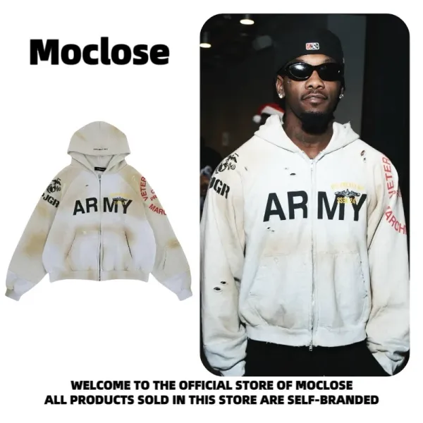 Design Moclose Army Distressed Zip-Up Hoodie Beige Hoodie - 10