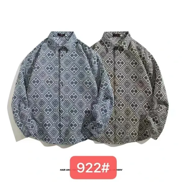 Design Aztec Print Long-Sleeve Button-Up Shirt Black White Tops Shirt - 28