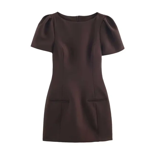 Design Puffed Sleeve Mini Dress Brown - 1