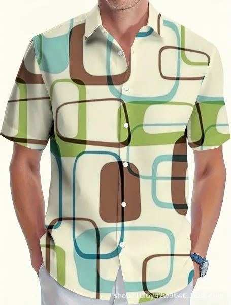 Design Abstract Geometric Print Short-Sleeve Button-Up Shirt - 1