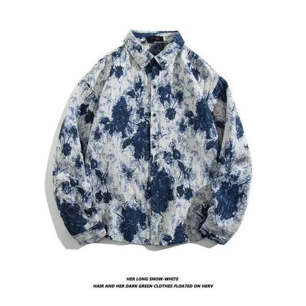Design Floral Print Oversized Shirt Blue and White - 1