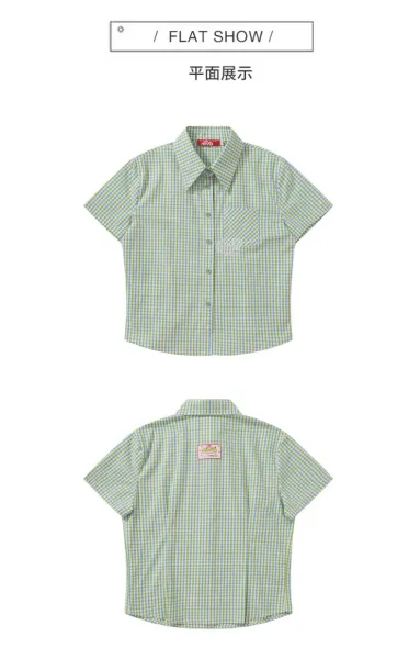 Design Short-Sleeve Gingham Shirt in Mint Green and Light Blue Tops Shirt - 6