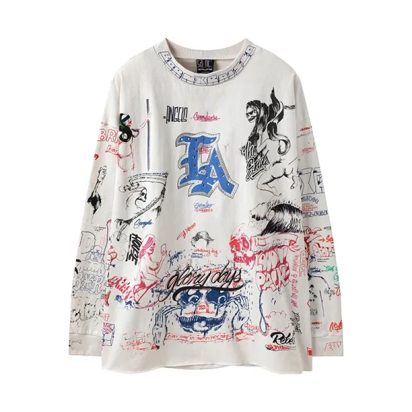 Design Graffiti Print Oversized Long-Sleeve T-Shirt White - 1