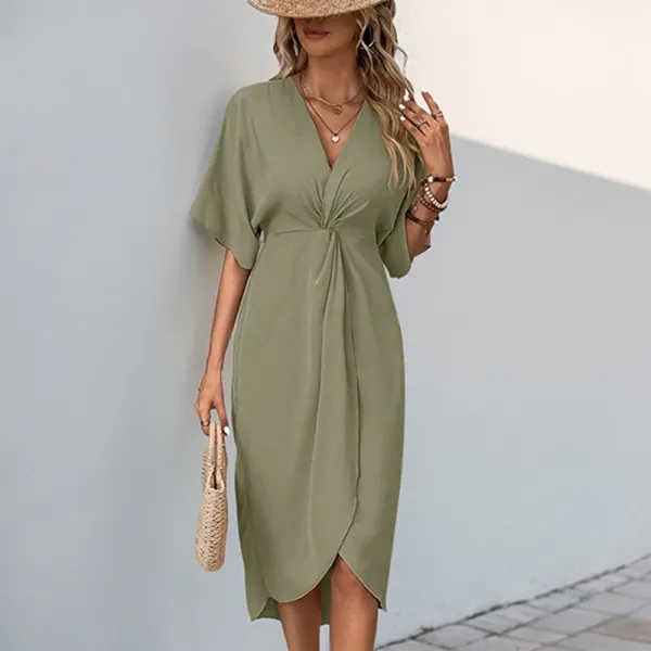 Design Olive Green Wrap Knot Front Midi Dress - 1