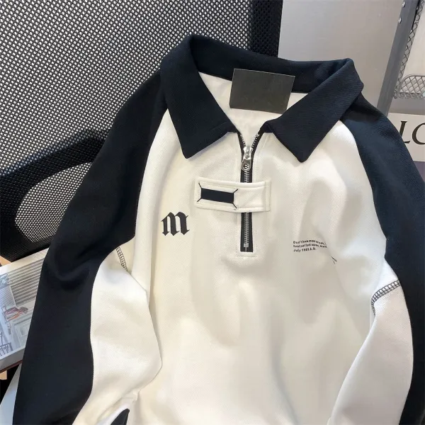Design Half-Zip Polo Shirt White and Black Contrast Tops Polo - 7