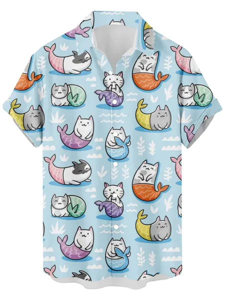 Design Cat Face Print Black Hawaiian Shirt - 43