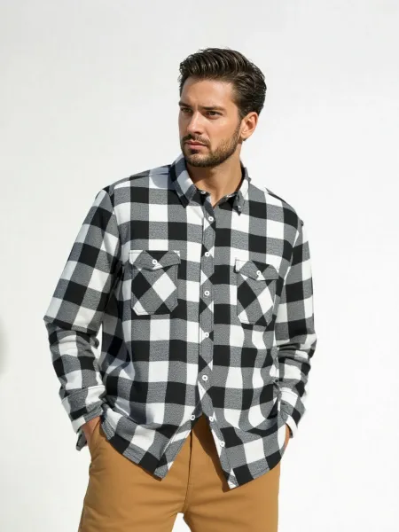 Design Classic Black and White Checkered Flannel Shirt Tops Shirt - 12