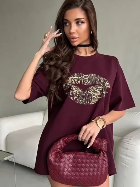 Design Leopard Print Lips Graphic Oversized T-Shirt Gray T-Shirts - 25