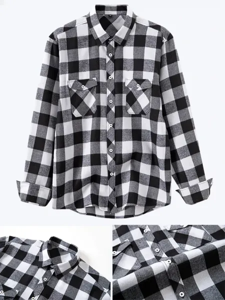 Design Classic Black and White Checkered Flannel Shirt Tops Shirt - 23