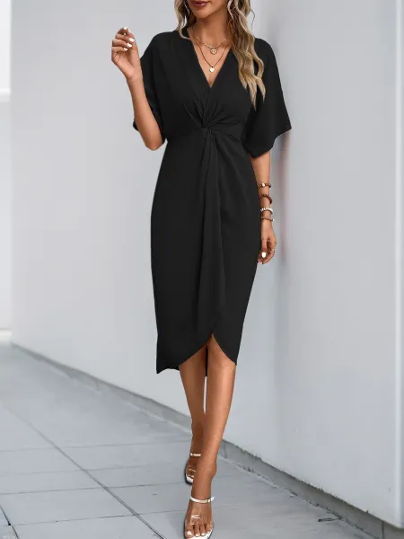 Design Wrap Front V-Neck Midi Dress Burgundy - 5