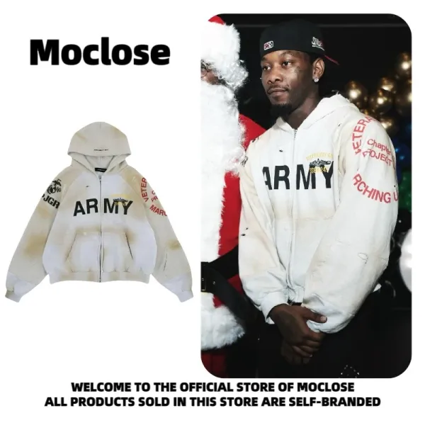 Design Moclose Army Distressed Zip-Up Hoodie Beige Hoodie - 11