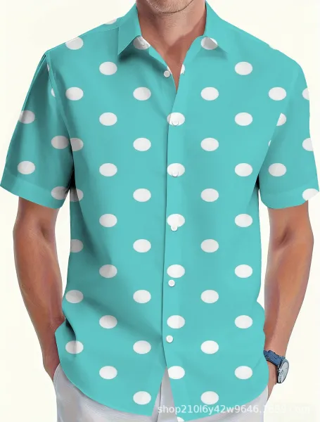 Design Polka Dot Turquoise Short-Sleeve Button-Up Shirt - 1