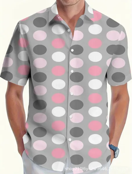 Design Polka Dot Print Short-Sleeve Button-Up Shirt Gray Pink White - 1
