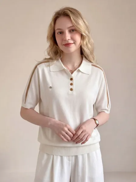 Design Knit Polo Shirt in Cream with Beige Stripe Detail Tops Polo - 1