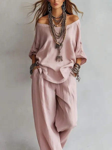 Design Off-Shoulder Flowy Top and Wide-Leg Pants Set Pale Yellow - 4