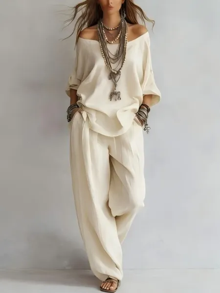Design Off-Shoulder Flowy Top and Wide-Leg Pants Set Pale Yellow - 7