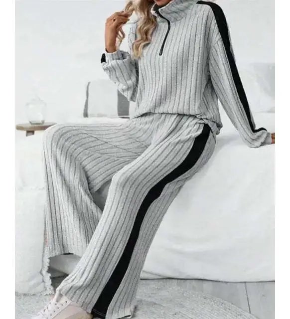 Design Ribbed Knit Track Set Gray with Black Stripe Pants and Top - 13