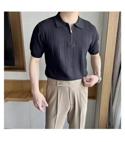 Design Ribbed Zip-Neck Polo Shirt Black Tops Polo - 8