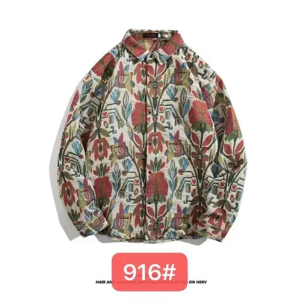 Design Aztec Print Long-Sleeve Button-Up Shirt Black White Tops Shirt - 22