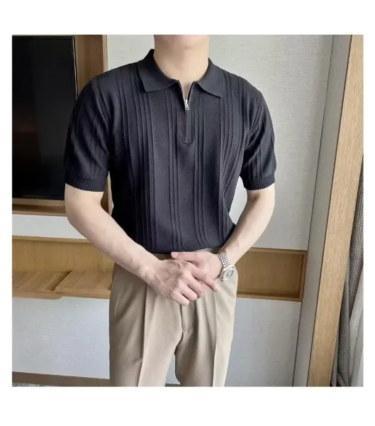 Design Ribbed Zip-Neck Polo Shirt Black Tops Polo - 11
