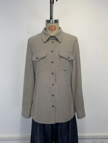 Design Distressed Button-Up Shirt in Stone Washed Beige with Black Leather Pants - 9