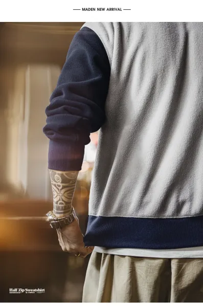 Design Fleece Half-Zip Pullover Gray and Navy Sweater - 20