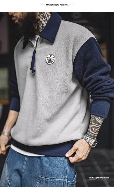 Design Fleece Half-Zip Pullover Gray and Navy Sweater - 21