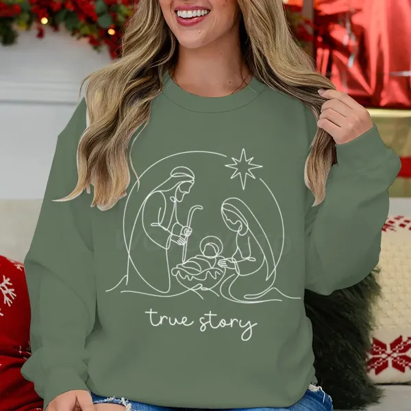 Design Nativity Scene True Story Olive Green Hoodie - 1
