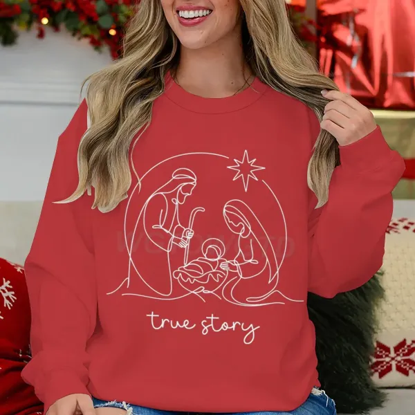 Design Nativity Scene True Story Red Sweatshirt Sweater - 1