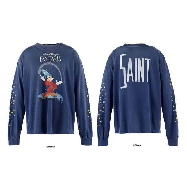 Design Disney x Saint Fantasia Sorcerer Mickey Long-Sleeve T-Shirt Navy T-Shirts - 1