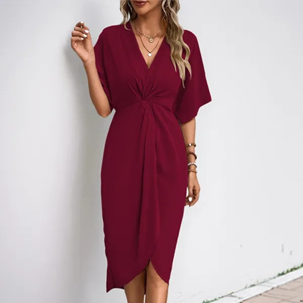 Design Wrap Front V-Neck Midi Dress Burgundy - 1