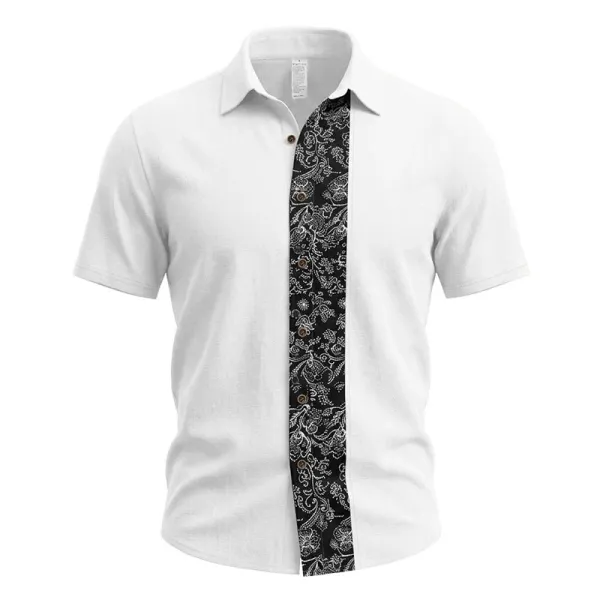Design Contrast Panel Polo Shirt White with Black Paisley Print Tops Polo - 1