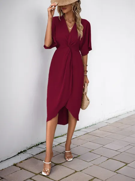 Design Wrap Front V-Neck Midi Dress Burgundy - 20